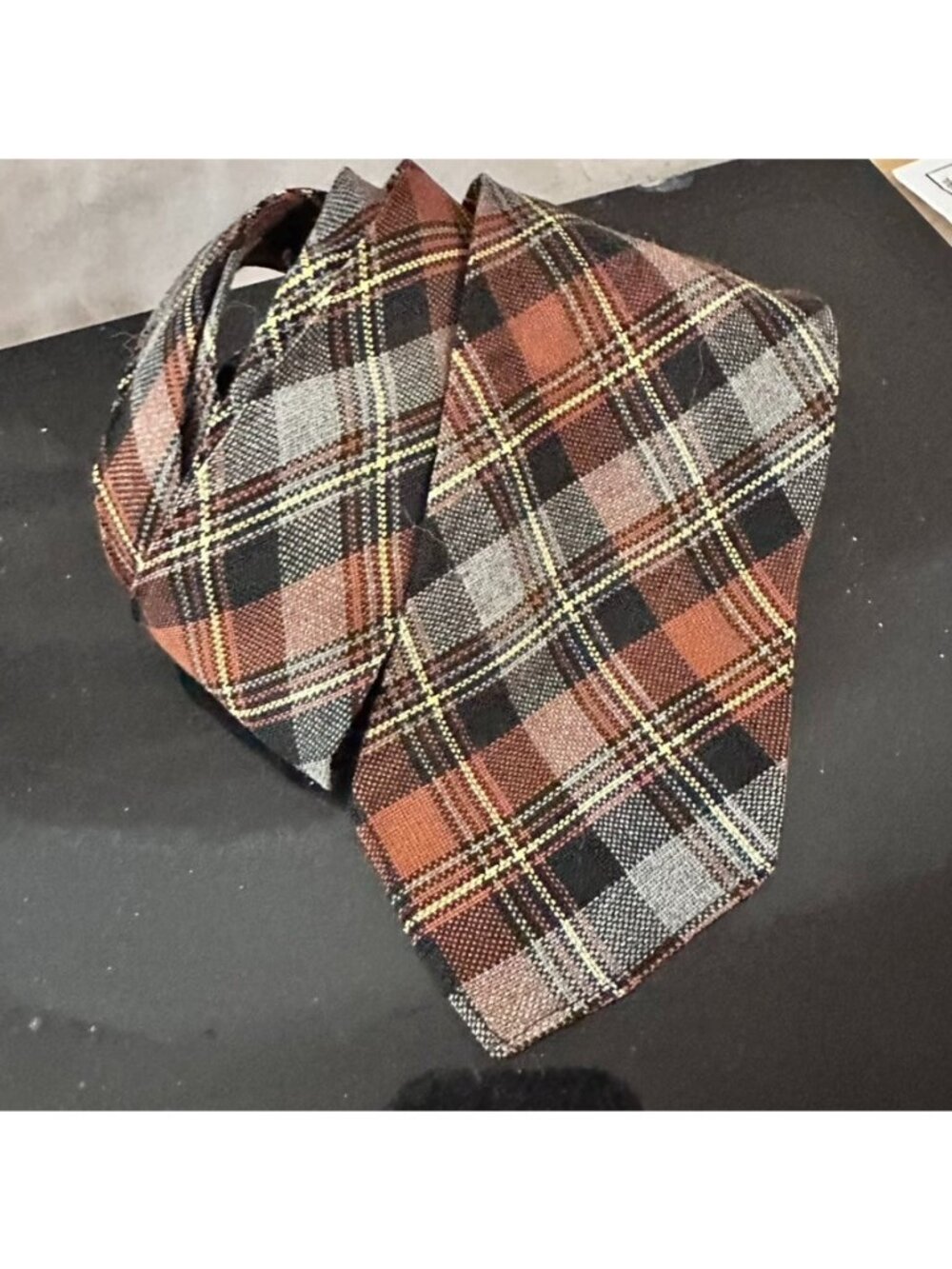 Vintage Plaid Necktie 3 Inch Brown Gray Black Yellow Preppy Mens Tie